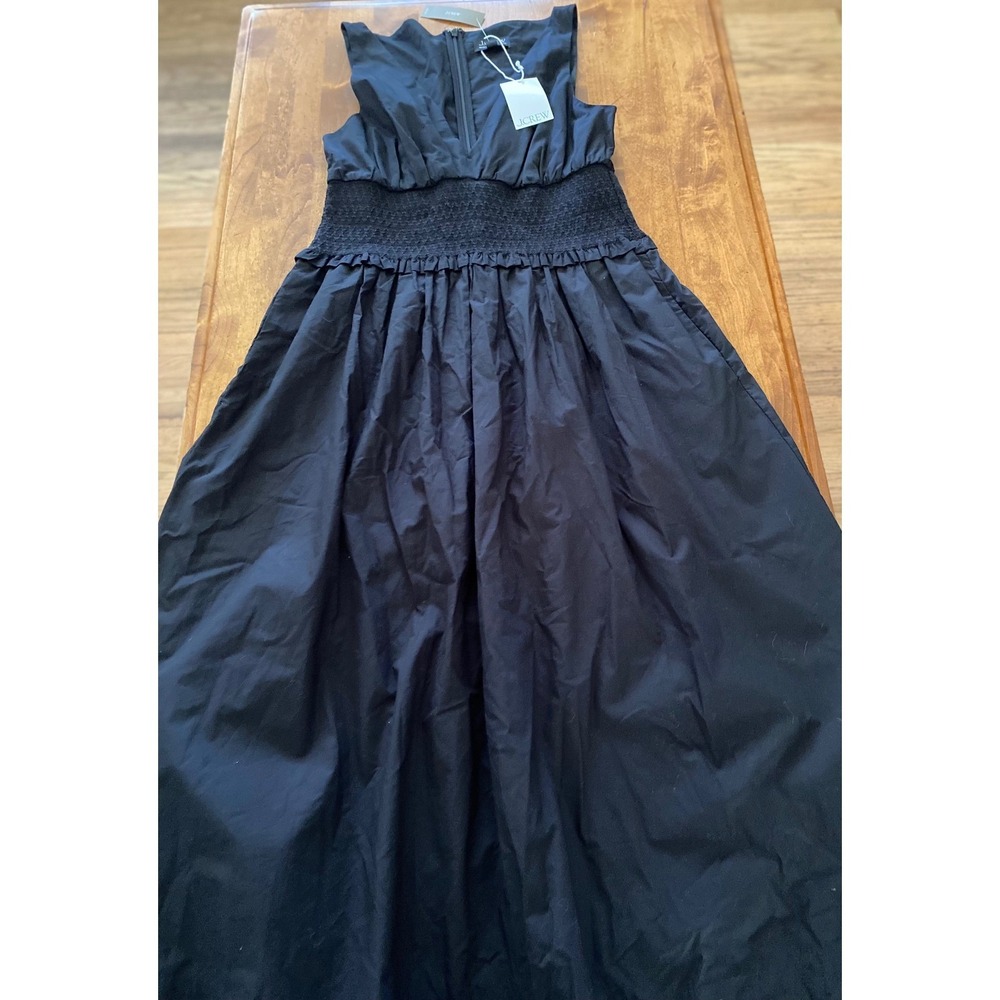 NEW J.Crew Plunge Smocked-Waist Dress Cotton Poplin Black Womens Medium - Picture 2 of 12
